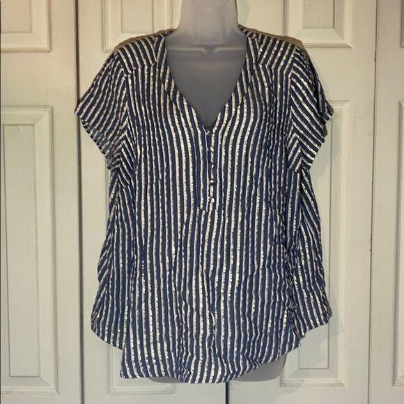 Torrid Blue and Sparkly Gold Lurex Striped Blouse 0/0X - Picture 3 of 15